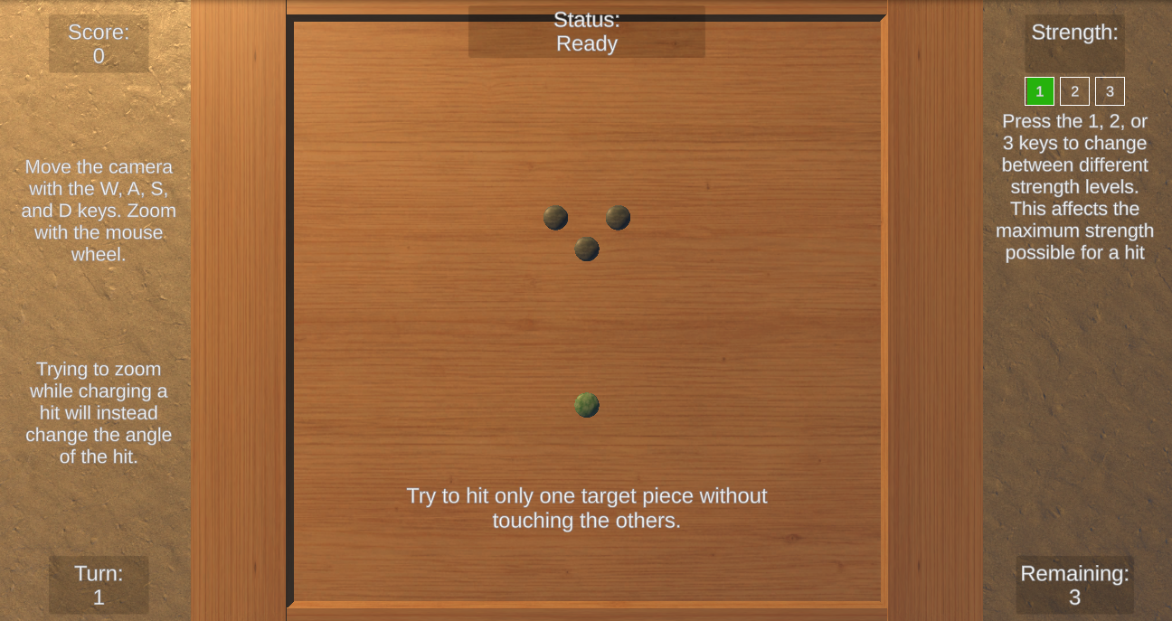 Tutorial stage with a wooden board, three target stones, and movement and strength instructions.